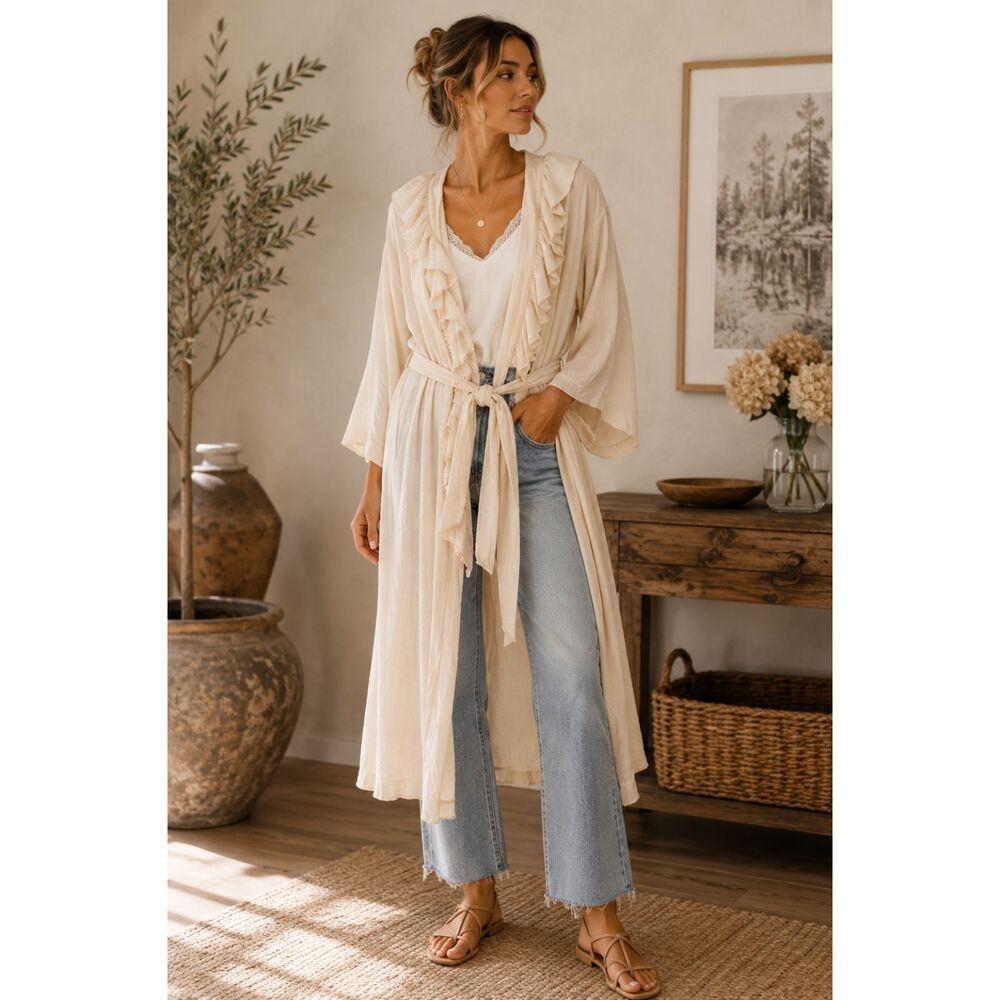 Zinnia Pearl Cream Ruffle Maxi Kimono Duster Boho O/S